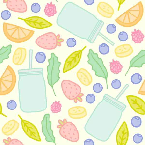 Fruits, baies et bocaux de smoothie contour motif sans couture — Image vectorielle