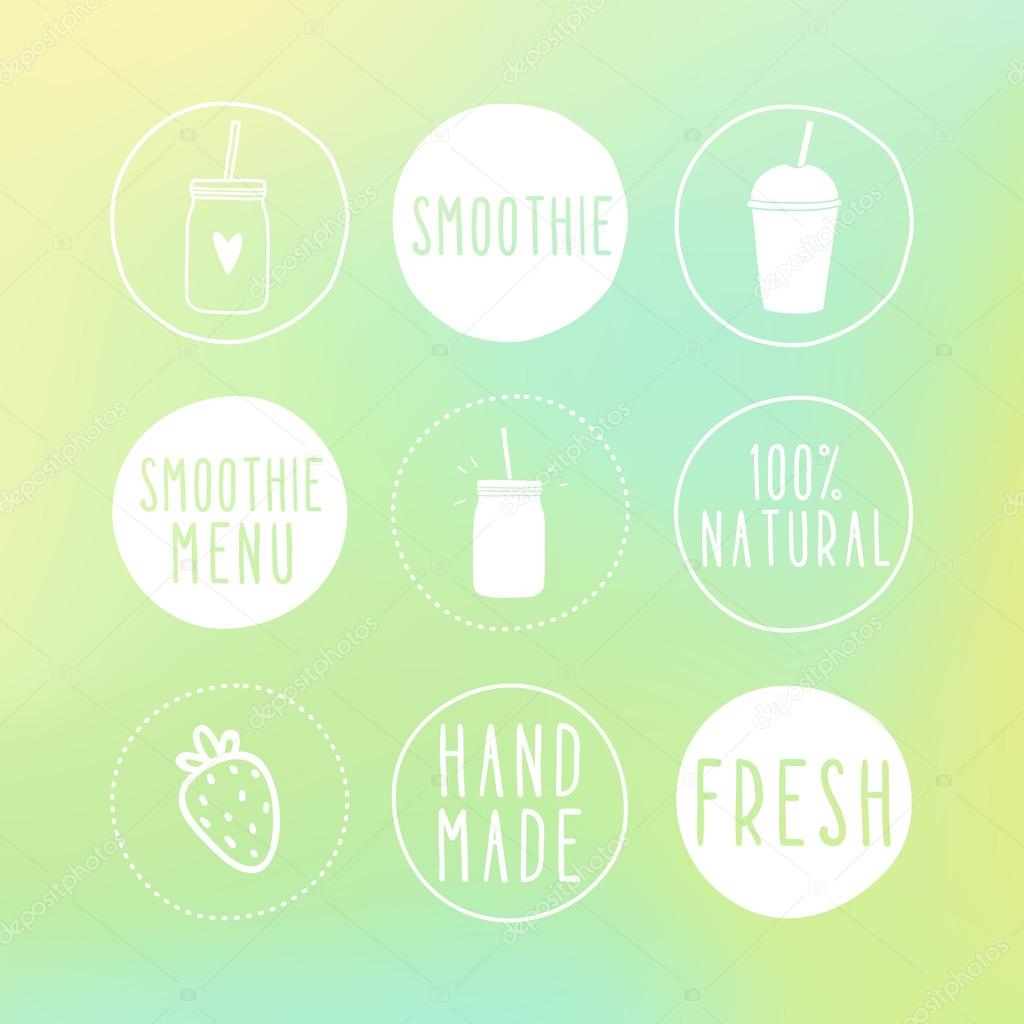 Hand drawn smoothie labels and blur background. 