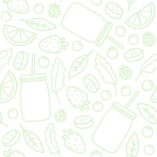 Fruits, berries and smoothie jars outline seamless pattern