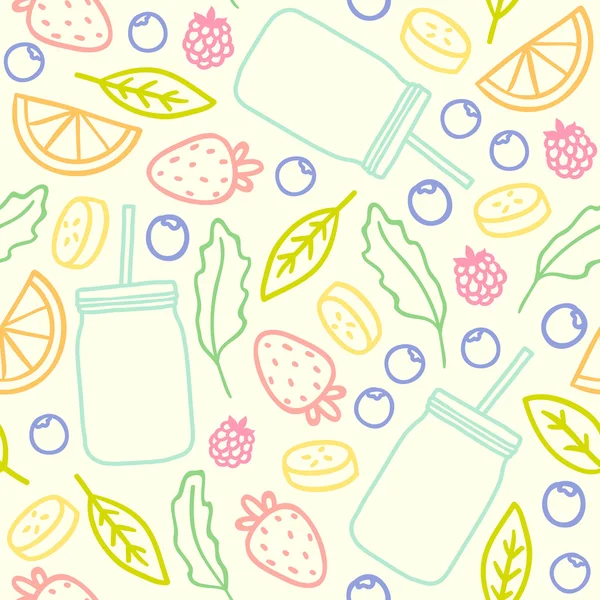 Frutas, bagas e frascos de smoothie delinear padrão sem costura — Vetor de Stock