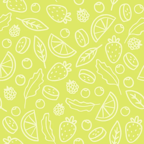 Doodle frutas y bayas patrón inconsútil verde — Vector de stock