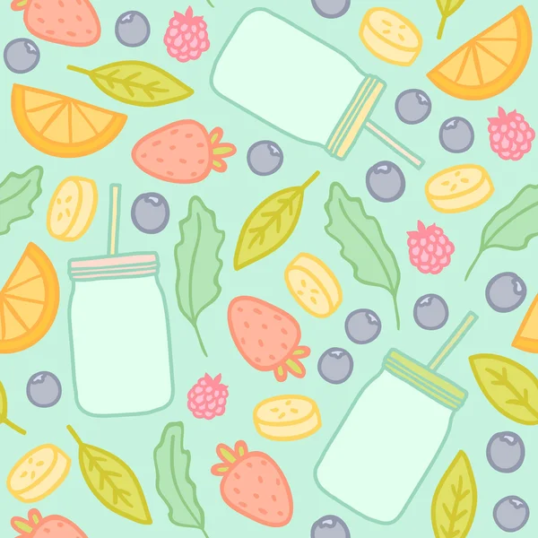 Frutas, bayas y frascos de batido esbozan un patrón sin costuras — Vector de stock