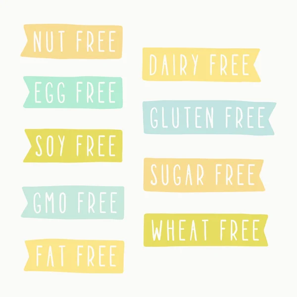 坚果、 乳制品、 糖、 鸡蛋、 小麦、 转基因、 大豆、 面筋、 脂肪免费迹象 — 图库矢量图片