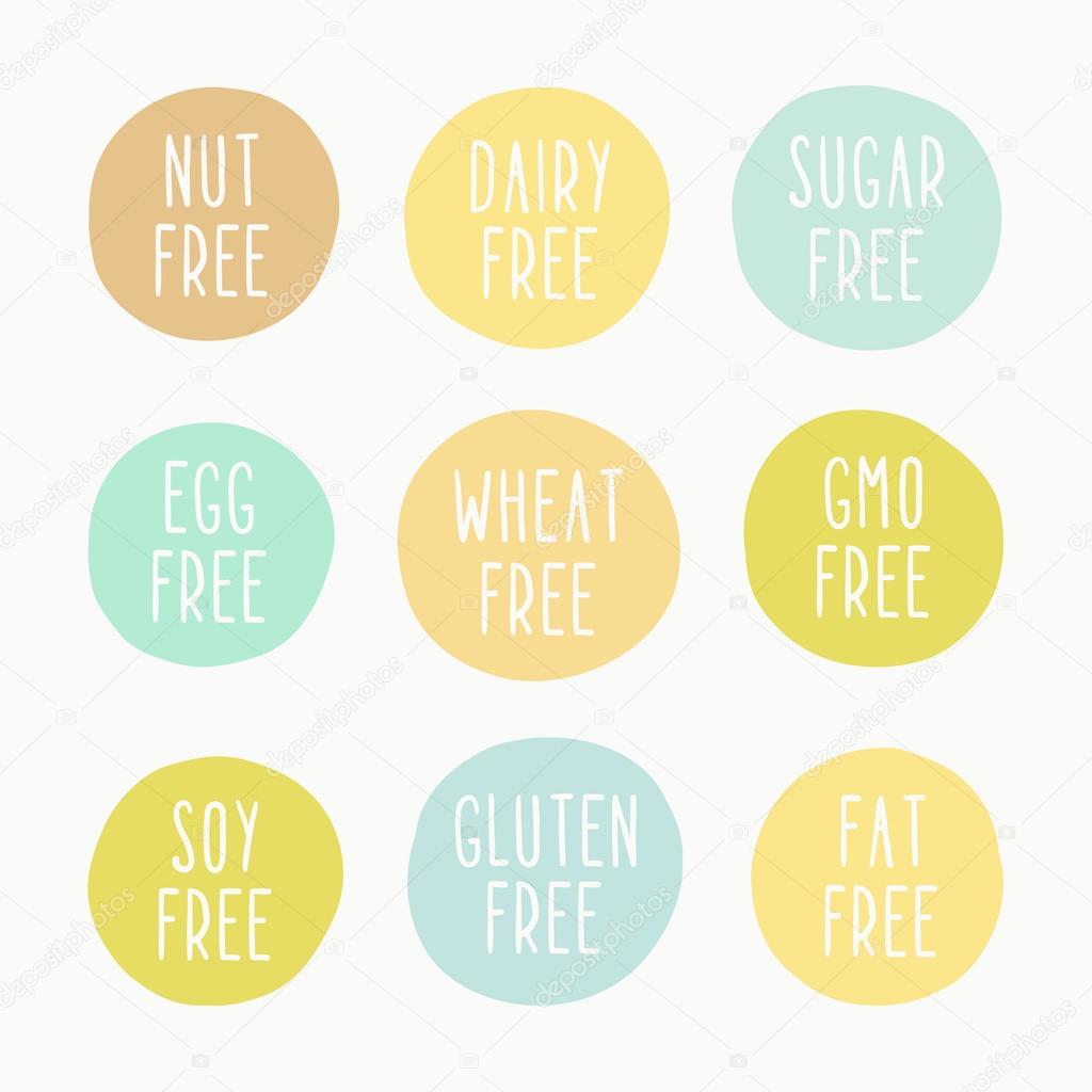 Nut, dairy, sugar, egg, wheat, gmo, soy, gluten, fat free signs