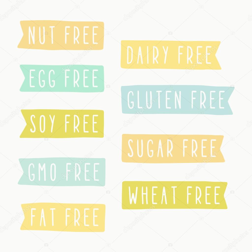 Nut, dairy, sugar, egg, wheat, gmo, soy, gluten, fat free signs