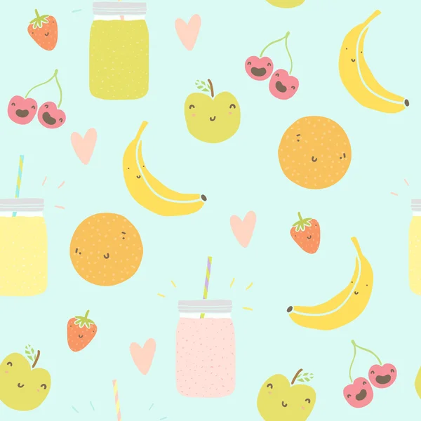 Modèle sans couture avec des pots de smoothie et des fruits souriants drôles . — Image vectorielle