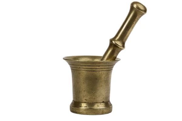 Argamassa de bronze com pilão isolado sobre branco — Fotografia de Stock