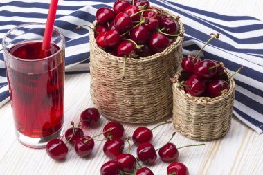 Kiraz sepetleri ve ahşap zemin üzerine suyu