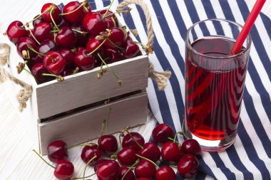 Suyu ve bir ahşap kutu içinde kırmızı kiraz