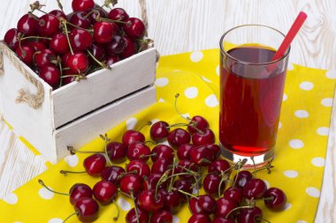 Suyu ve bir ahşap kutu içinde kırmızı kiraz