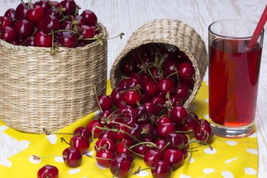 Kiraz sepetleri ve ahşap zemin üzerine suyu