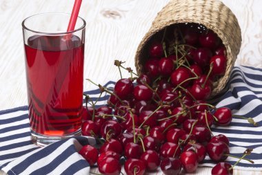 Vişne sepeti ve ahşap zemin üzerine suyu