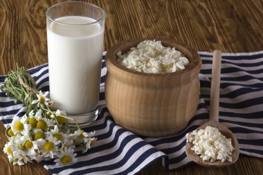 Süzme peynir, süt ve papatya çiçekleri ile cam