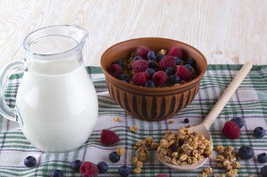 Taze meyveleri ve süt ile müsli.