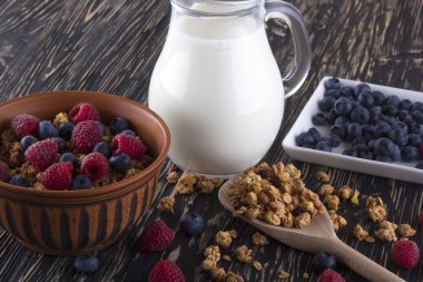 Taze meyveleri ve süt ile müsli.