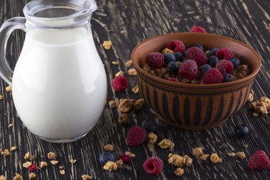 Taze meyveleri ve süt ile müsli.