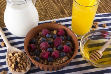 Taze çilek, bal, süt ve portakal suyu ile müsli.