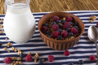 Taze meyveleri ve süt ile müsli.