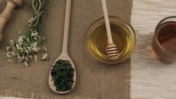 Chá seco à base de plantas com mel — Vídeo de Stock