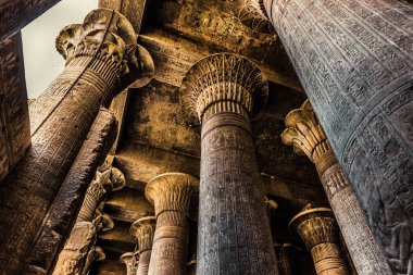 Esna 'daki Khnum Tapınağı' ndaki sütunlar ve hiyeroglifler 