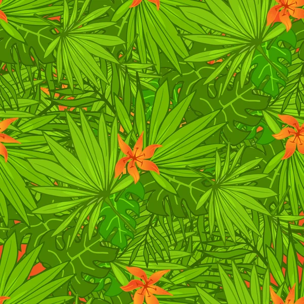 Patrón sin costuras de hojas de palma y flores — Vector de stock