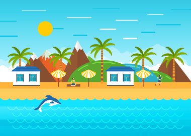 Plaj yaz manzara. Sahilde turist kulübeleri.