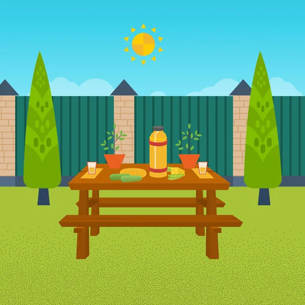 Picnic de verano. Mesa con comida y bebida . — Vector de stock