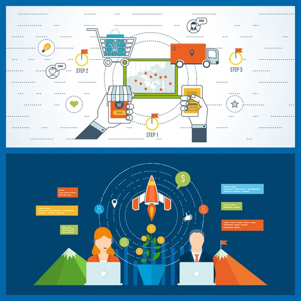 Концепции мобильного маркетинга, шопинга, запуска бизнеса, финансовой стратегии . — стоковый вектор