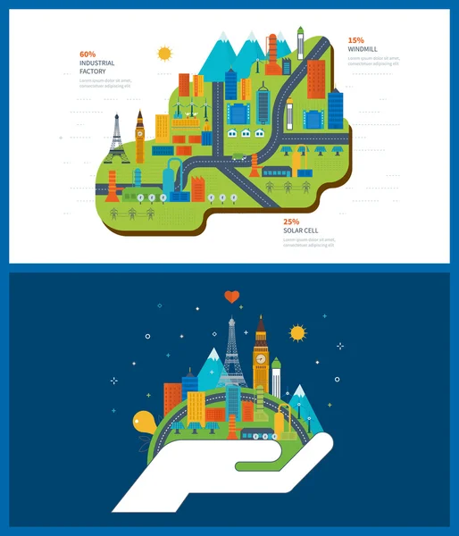 Énergie verte, écologie, éco, paysage urbain et bâtiments industriels — Image vectorielle