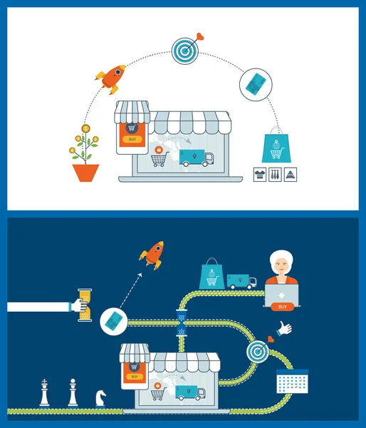 Concepto de marketing móvil. Compras en línea. Negocios de inversión. Entrega . — Vector de stock