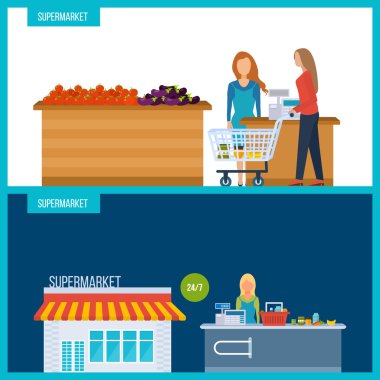 Gıda çeşitleri ile süpermarket mağaza konsepti. Alışveriş bakkal