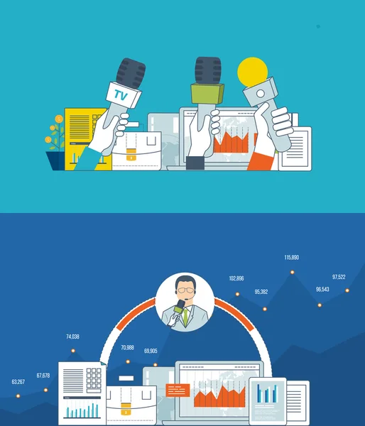 Финансовые новости и стратегия, концепция стратегии планирования. Пресс-конференция . — стоковый вектор