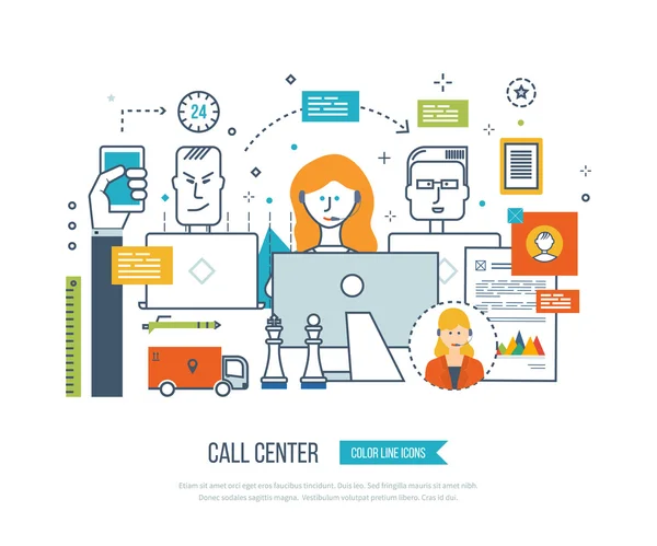 Call Center, a felhasználói támogatás irodai munkahely-és csapatmunka. — Stock Vector