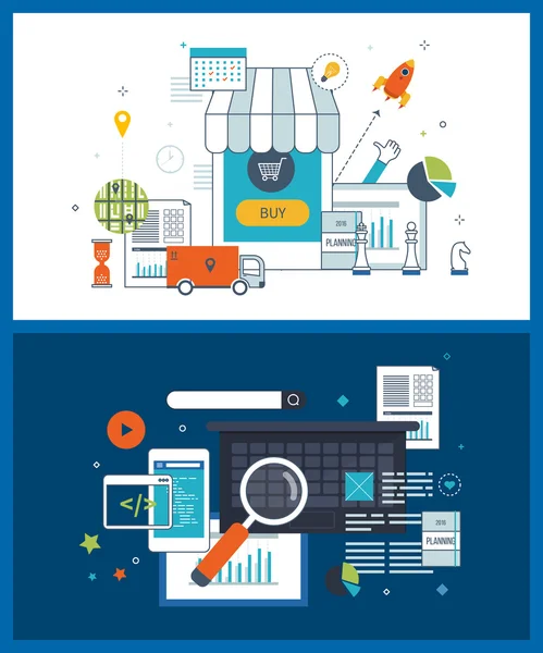 Marketing móvil y compras en línea, concepto de planificación estratégica. Actividades de inversión . — Vector de stock