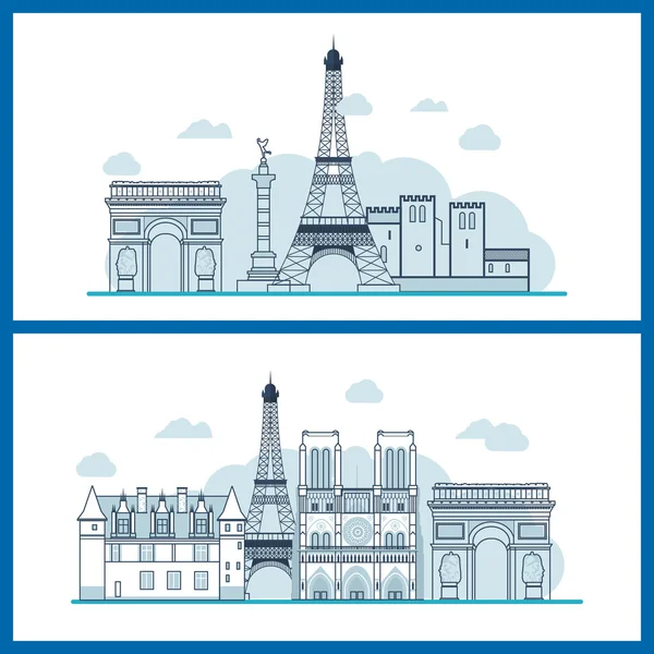Repere franceze.. Turnul Eiffel, Notre Dame din Paris, Franța — Vector de stoc