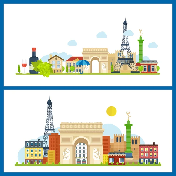 Monumentos franceses.. Torre Eiffel, Notre Dame en París, Francia — Vector de stock