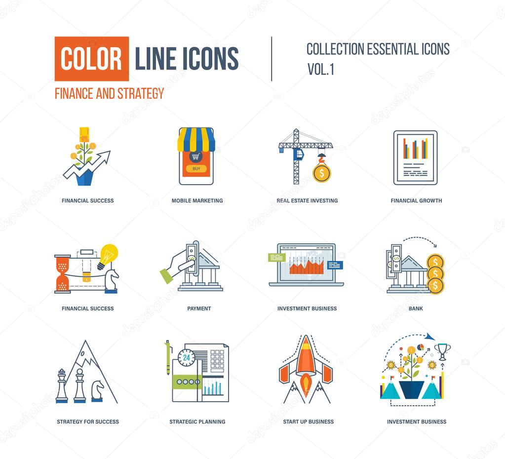 Color thin Line icons set. Logo and pictograms for websites, banners, infographic illustrations. Financial strategy, mobile marketing, strategic planning, investment, start-up, strategy for success