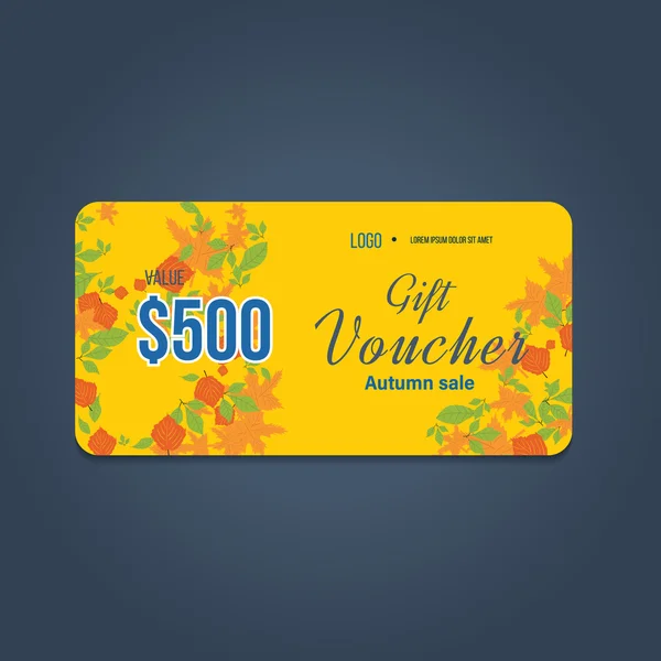 Gift voucher sjabloon. Herfst Super verkoop banner op kleurrijke achtergrond. — Stockvector