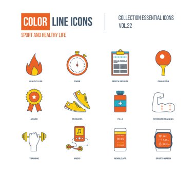 İnce çizgi Icons set renk. Sağlıklı yaşam ve spor