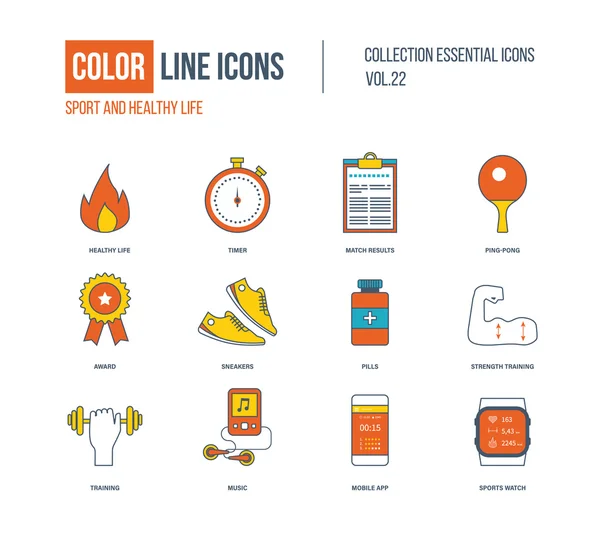 Conjunto de iconos de línea fina de color. Estilo de vida saludable y deporte — Vector de stock