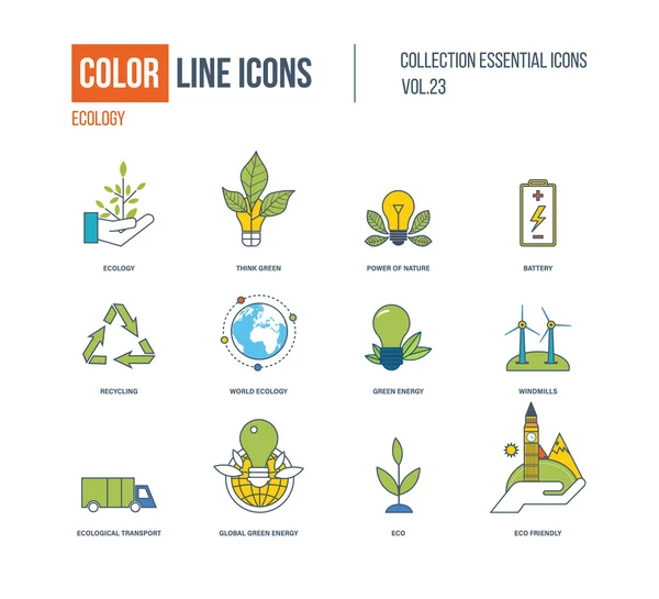 Conjunto de iconos de línea fina de color. Ecología, energía verde . — Vector de stock