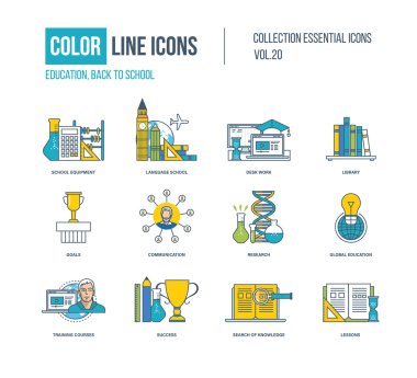 İnce çizgi Icons set renk. Okul donanımları, dil