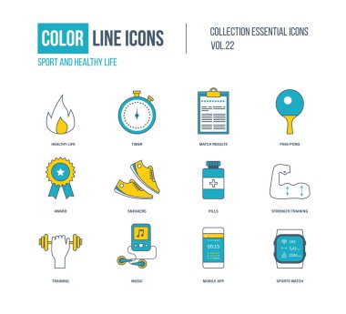 İnce çizgi Icons set renk. Sağlıklı yaşam ve spor