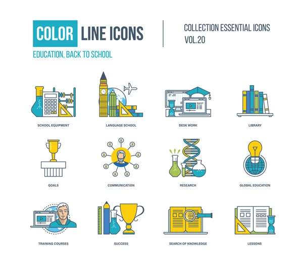 Conjunto de iconos de línea fina de color. Material escolar, idioma — Vector de stock