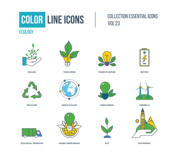 Conjunto de iconos de línea fina de color. Ecología, energía verde . — Vector de stock