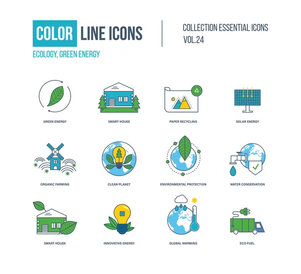 Conjunto de iconos de línea fina de color. Ecología, energía verde, casa inteligente , — Vector de stock