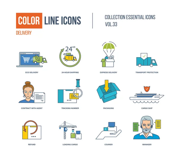 Collection d'icônes Color Line. Livraison écologique, express, protection des transports — Image vectorielle