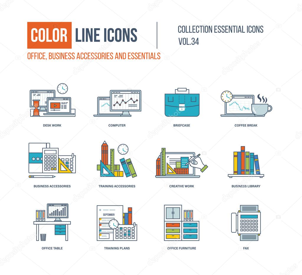 Color Line icons collection. Business accessories and essentials.