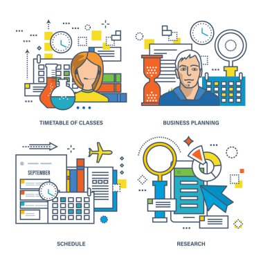Zaman çizelgesi sınıfları, iş planlaması, eğitim programı, araştırma kavramı.