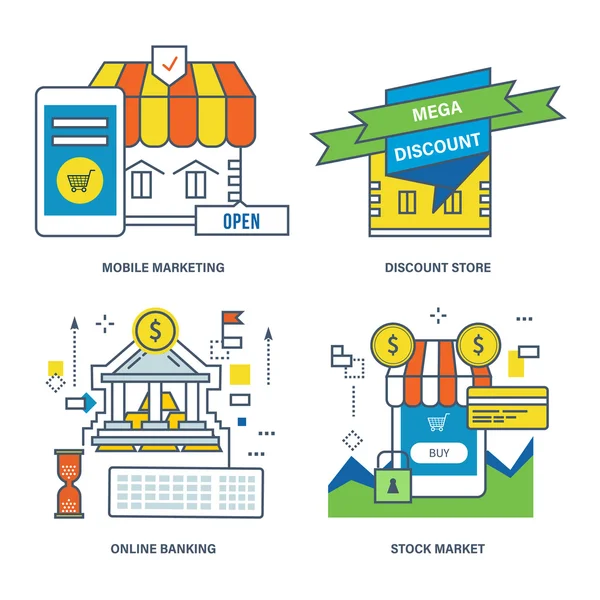 Concept de marketing mobile, magasin discount, banque en ligne, marché boursier . — Image vectorielle